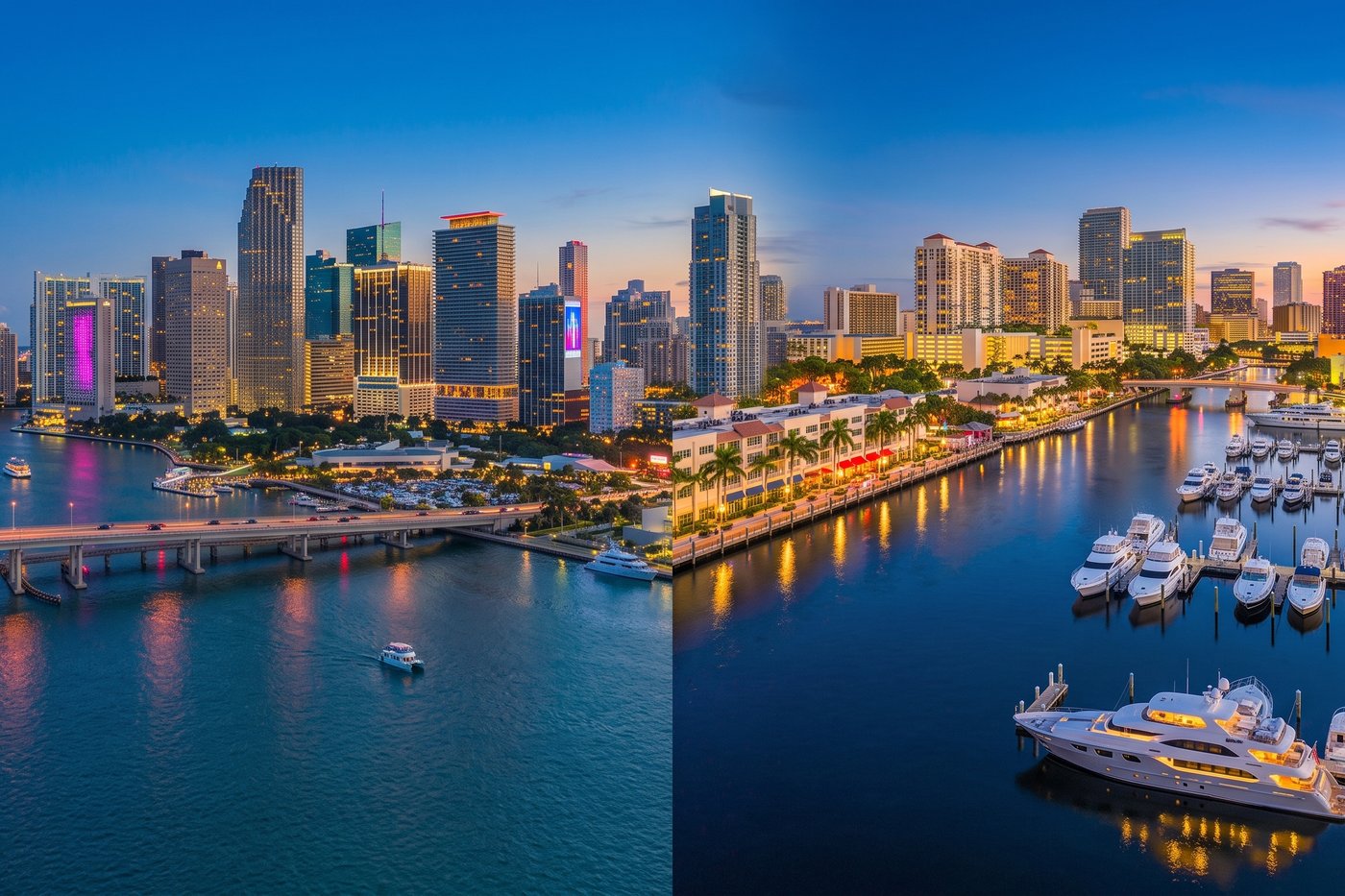 The Miami and Fort Lauderdale skylines at dusk, split to represent Seal Now's Miami-Dade and Broward service area